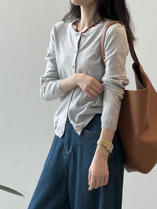 秋季新款条纹针织开衫外套女设计感小众上衣外搭薄款圆领长袖毛衣|undefined