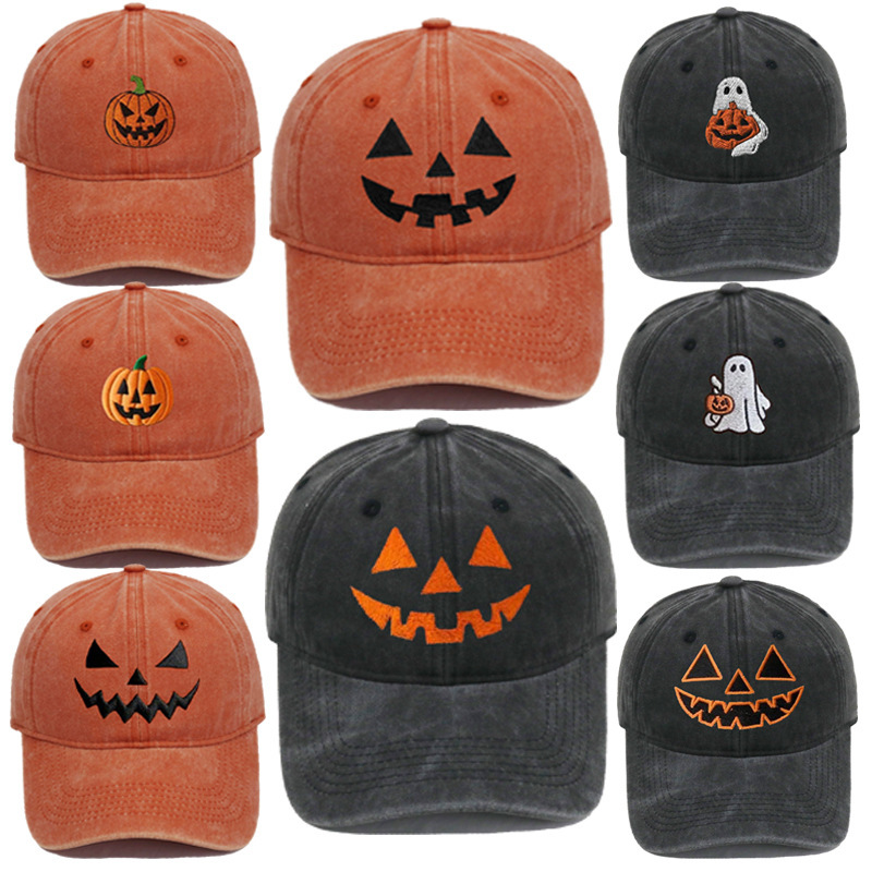 Cross-Border Popular Washed Soft Top Men's and Women's Casual Peaked Cap Halloween Embroidered Pumpkin Smiley Face Personalized Baseball Cap Trend Cross-Border Popular Washed Soft Top Men's and Women's Casual Peaked Cap Halloween Embroidered Pumpkin Smiley Face Personalized Baseball Cap Trend