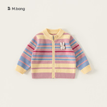邦选童装秋款衣服儿童上衣撞色条纹开衫卡通针织衫女童毛衣外套