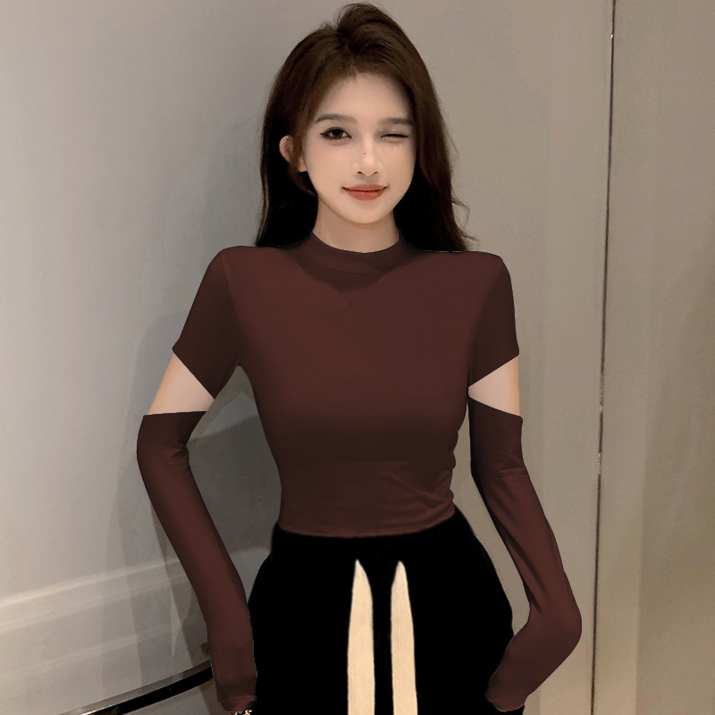 螺纹黑色半高领打底衫女春秋内搭针织短款长袖t恤破洞紧身上衣潮|undefined