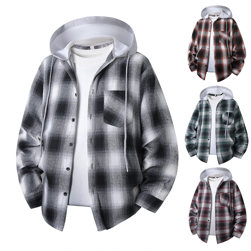 Cross-Border Foreign Trade Men's Hooded Plaid Long-Sleeved Shirt American European Style Trendy Flannel Casual Large Size Shirt