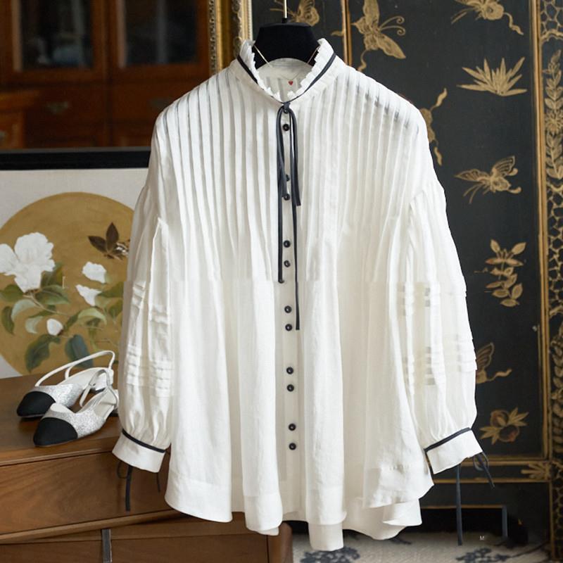 So white, rich, beautiful, fairy, organ pleated stand collar, black ribbon, court lantern sleeve, large swing shirt, clear doll skirt