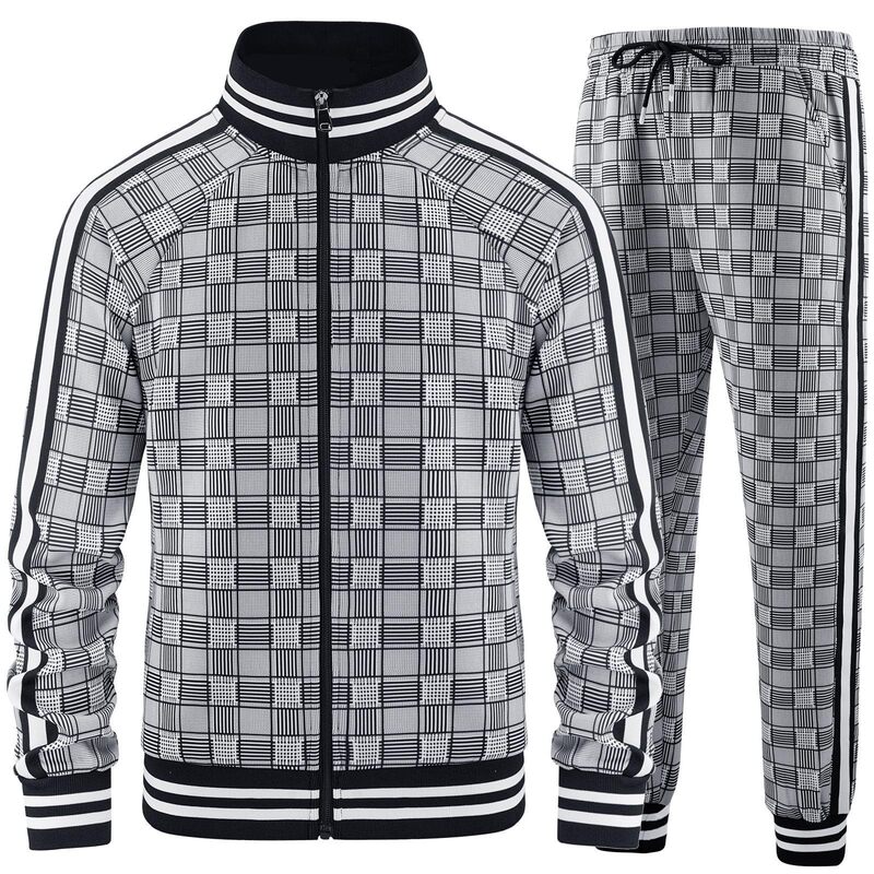 Cross-Border New British Plaid Sports Suit Fitness Zip-Up Stand Collar Jacket Casual Sweatpants Set European Size