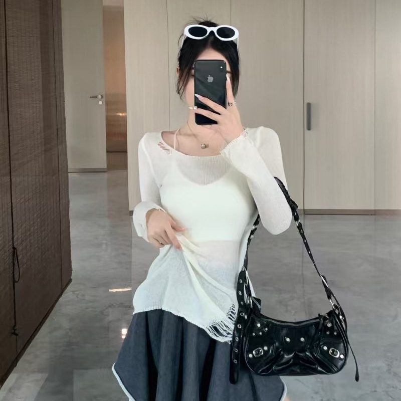 2025春季新款女装辣妹薄款上衣做旧风长袖修身针织衫早秋镂空外穿
