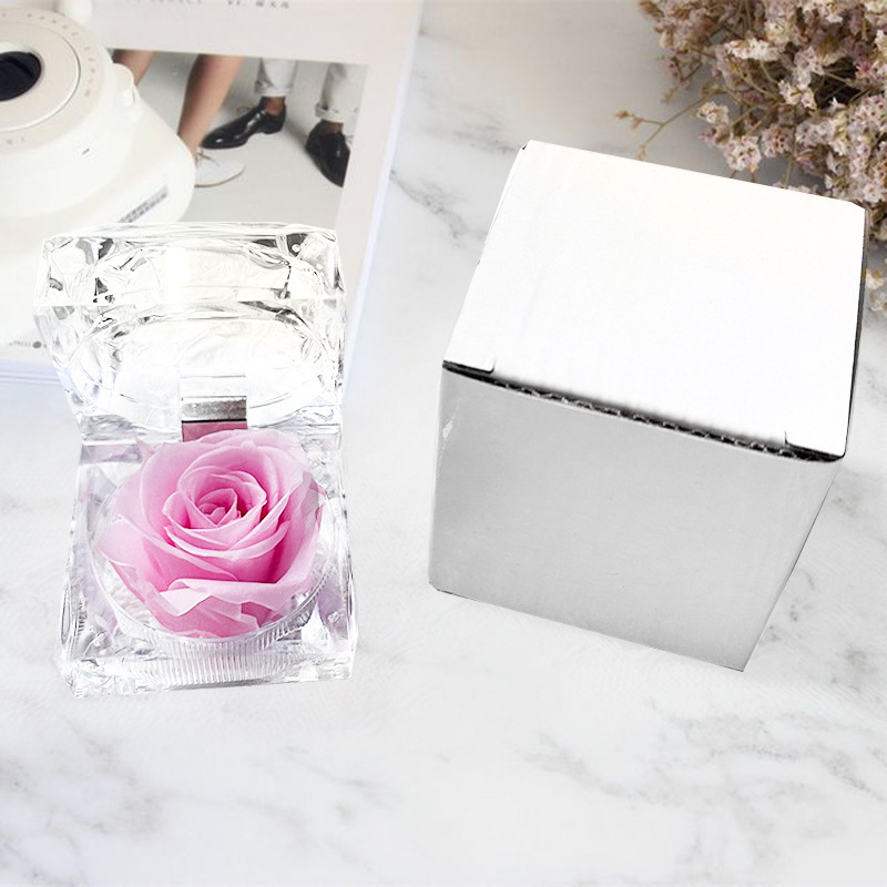 Caja de anillo acrílico transparente de rosa eterna confesión de flores verdaderas Qixiao regalo de día de San Valentín caja de regalo de anillo de vida eterna