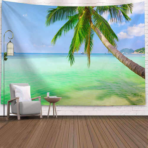跨境海边沙滩风景定挂毯涤纶挂毯出租屋改造直播间背景墙装饰挂布