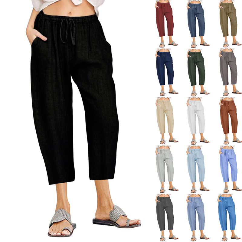 2023 Amazon cross-border wish women's solid color cotton and linen drawstring casual loose pocket beach home cropped pants