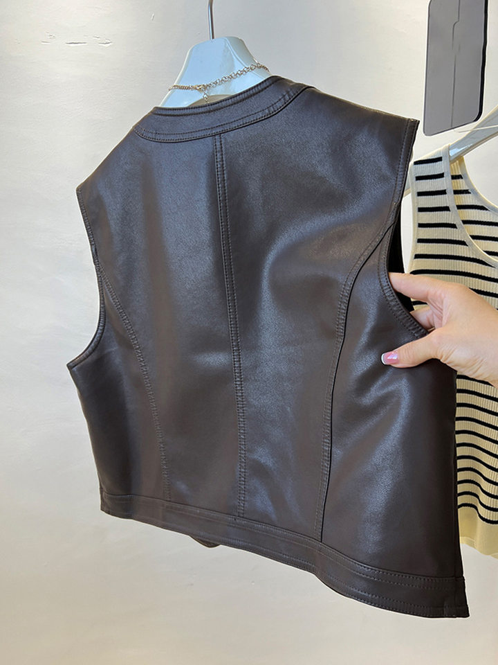 Áo vest nữ da PU phong cách retro Pháp, dáng không tay, một hàng khuy, dài 50–65 cm — Màu nâu, màu đen