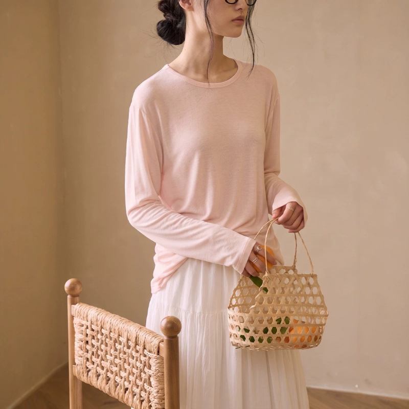 Tencel Modal Base Layer Blouse for Women, Spring and Summer Silk Wool Top, Loose Design, Solid Color Long-Sleeve T-Shirt