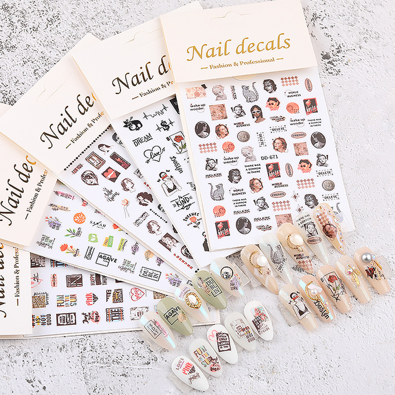 Cross-border new nail art stickers 3d decals vintage oil painting portrait magazine English letters European and American style nail decals