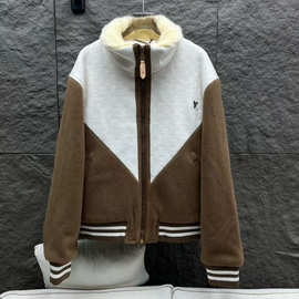 南油高定25秋冬羊毛衣领拉链束腰拼色翻领夹克男时尚宽松男女外套