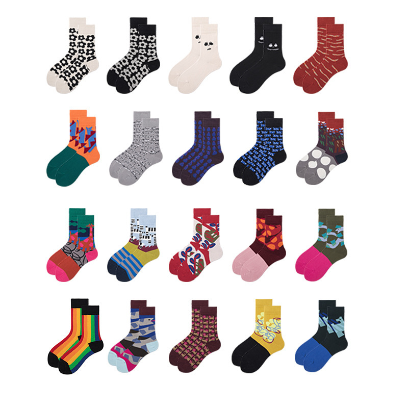 Plusox 19 Autumn and Winter New Couple Preppy Style Illustration Design Korean Street Socks Women's Trendy Socks Mid-Calf Socks