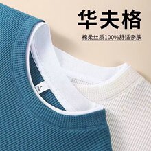 华夫格卫衣男春秋季长袖t恤圆领纯色假两件体恤潮牌宽松打底衫