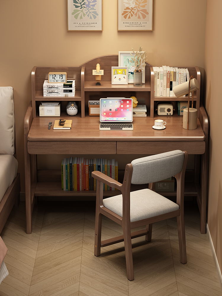 Solid Wood Children's Study Table for Primary and Secondary School Students, Home Bookshelf Integrated Table, Bedroom Liftable Children's Writing Desk and Chair