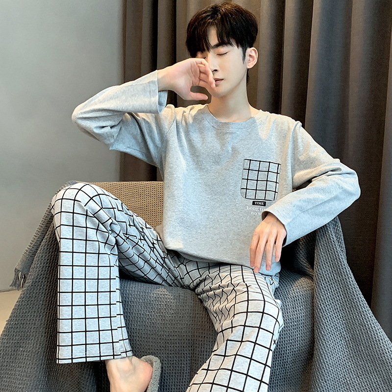 2023 Otoño e Invierno pijamas hombres con cuello en V manga larga traje suelto casual juventud hogar desgaste simple Traje a cuadros