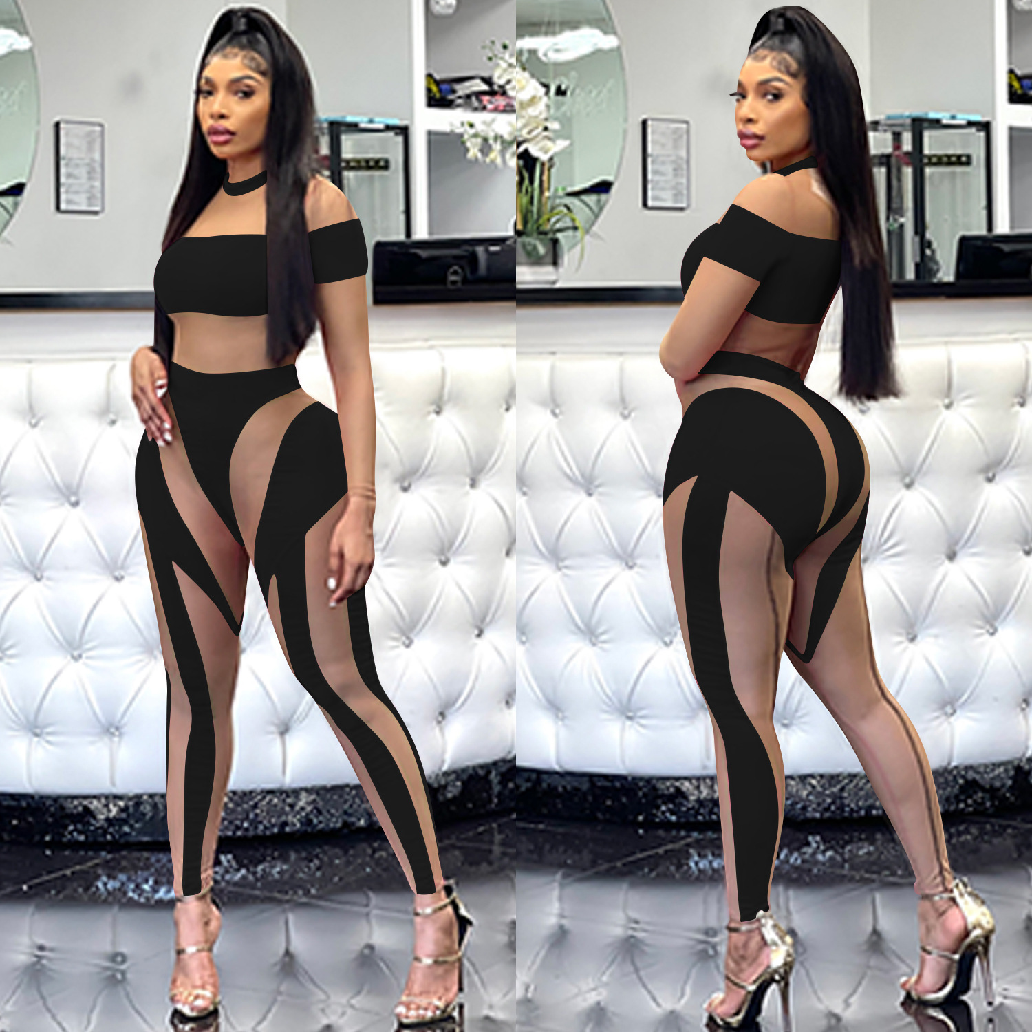 C581 transfronteriza europea y americana nueva moda sexy club nocturno malla ajustada transparente pantalones de manga larga mono ropa de mujer