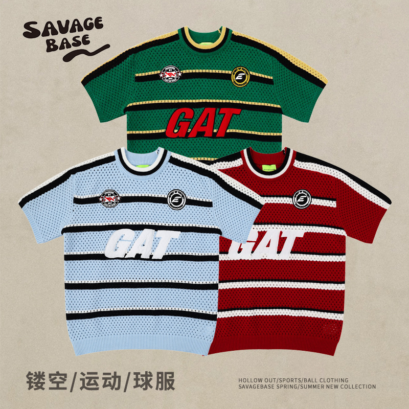 American-Style Jersey Thick Knit Hollow-Out Sweater for Spring and Autumn, Loose-Fitting Sports Letter Embroidery Short-Sleeve Sweater for Cross-Border Sales