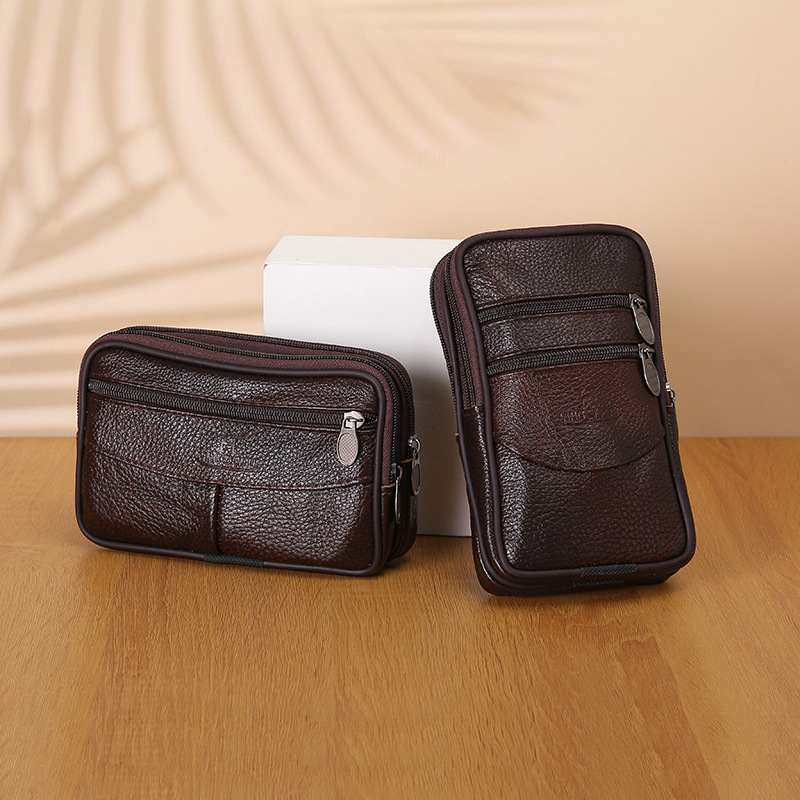 Multi-functional mobile phone waist bag cowhide vertical horizontal multi-layer zipper large capacity coin purse belt hanging waist bag wholesale