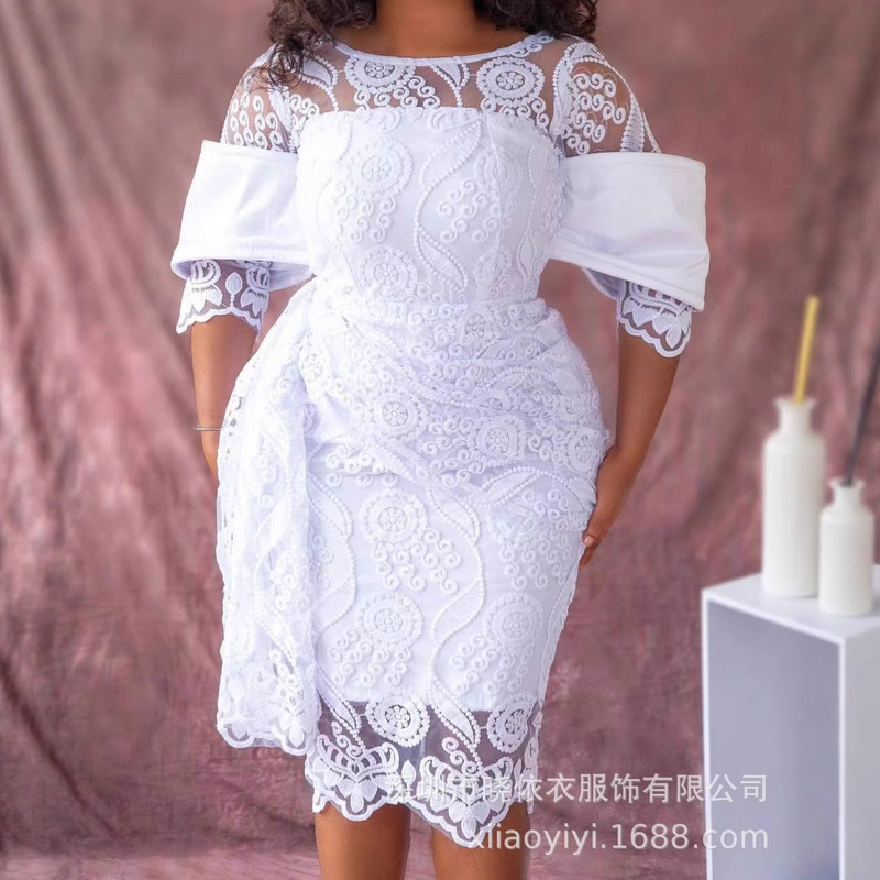 Amazon Cross-Border European and American Foreign Trade New Plus-Size Water-Soluble Lace Embroidered Mid-Waist Ribbon Women's Dress