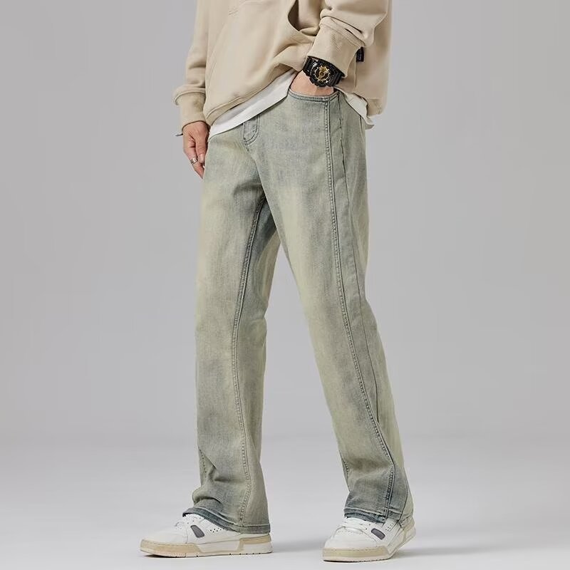 Vaqueros teñidos de barro amarillo de marca de moda retro para hombres lavados y viejos pantalones micro-lat de calle alta americana 2024