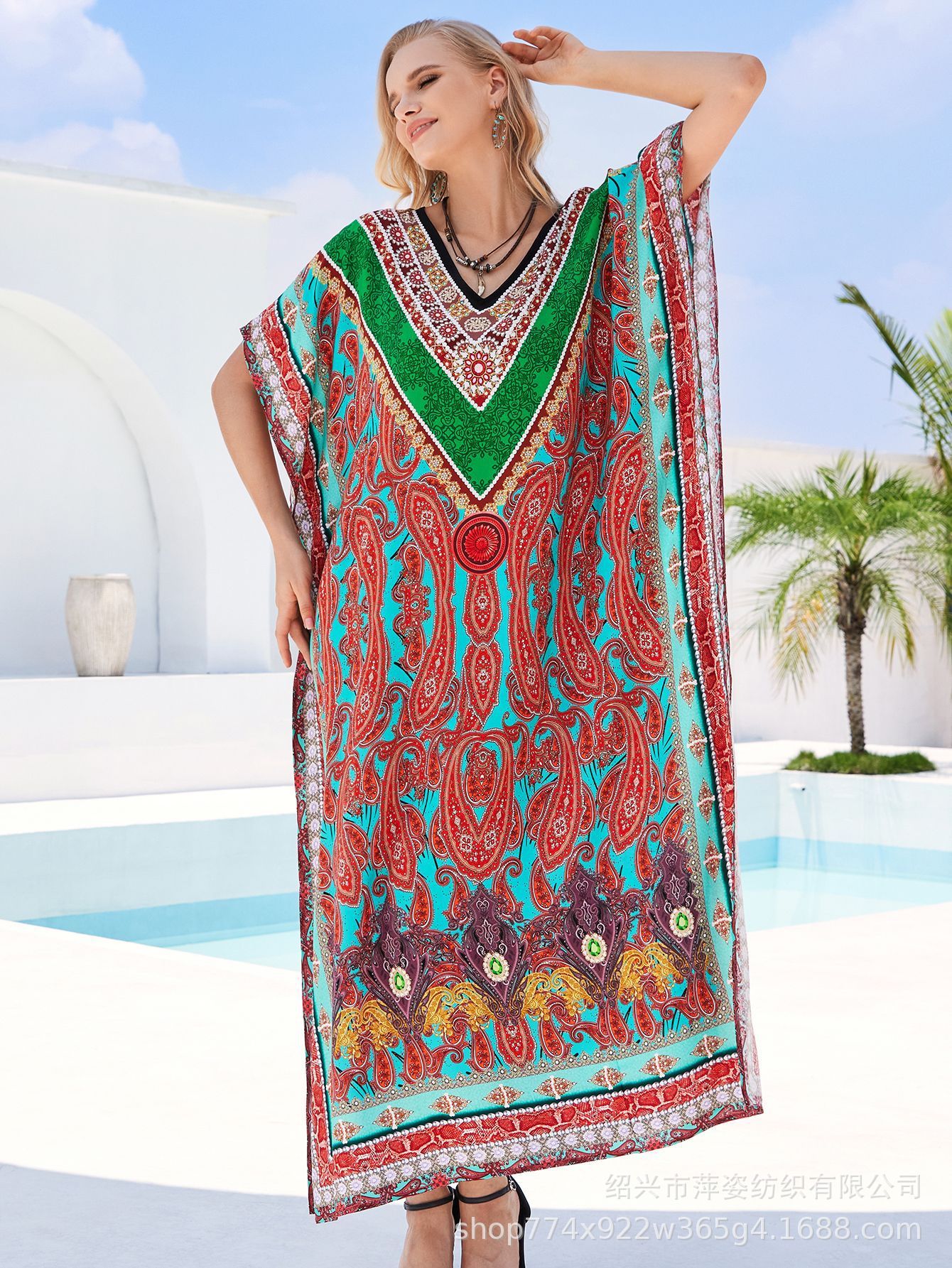 Camiseta de playa de algodón impresa de posicionamiento suelta vestido de vacaciones camisa protector solar bikini camisa AT603