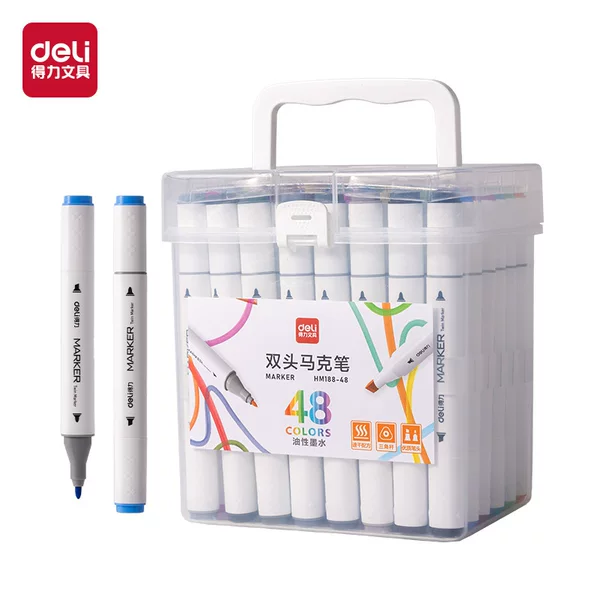Deli Hm188-48 Color Alcohol-Based Marker Pen Set with Dual Tips, Thick Triangular Barrel, Student-Grade 1Mm/2Mm Drawing Markers