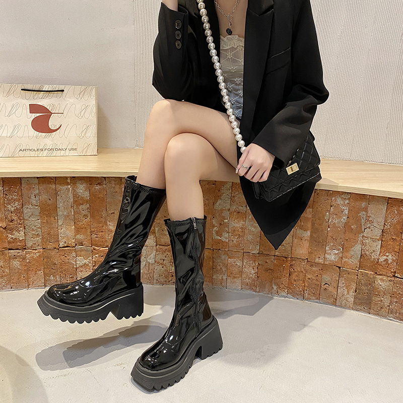 法式粗跟黑色厚底小个子中筒靴女2023新款夏季复古粗腿显瘦靴子