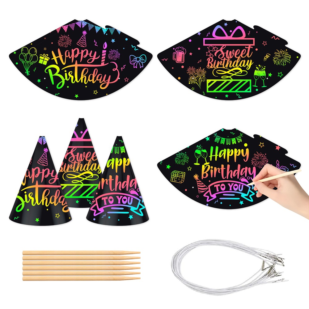 Nueva decoración de fiesta tarjeta de rascado sombrero de cumpleaños toque DIY dibujo de rascado decoración de cumpleaños creativo sombrero de cumpleaños