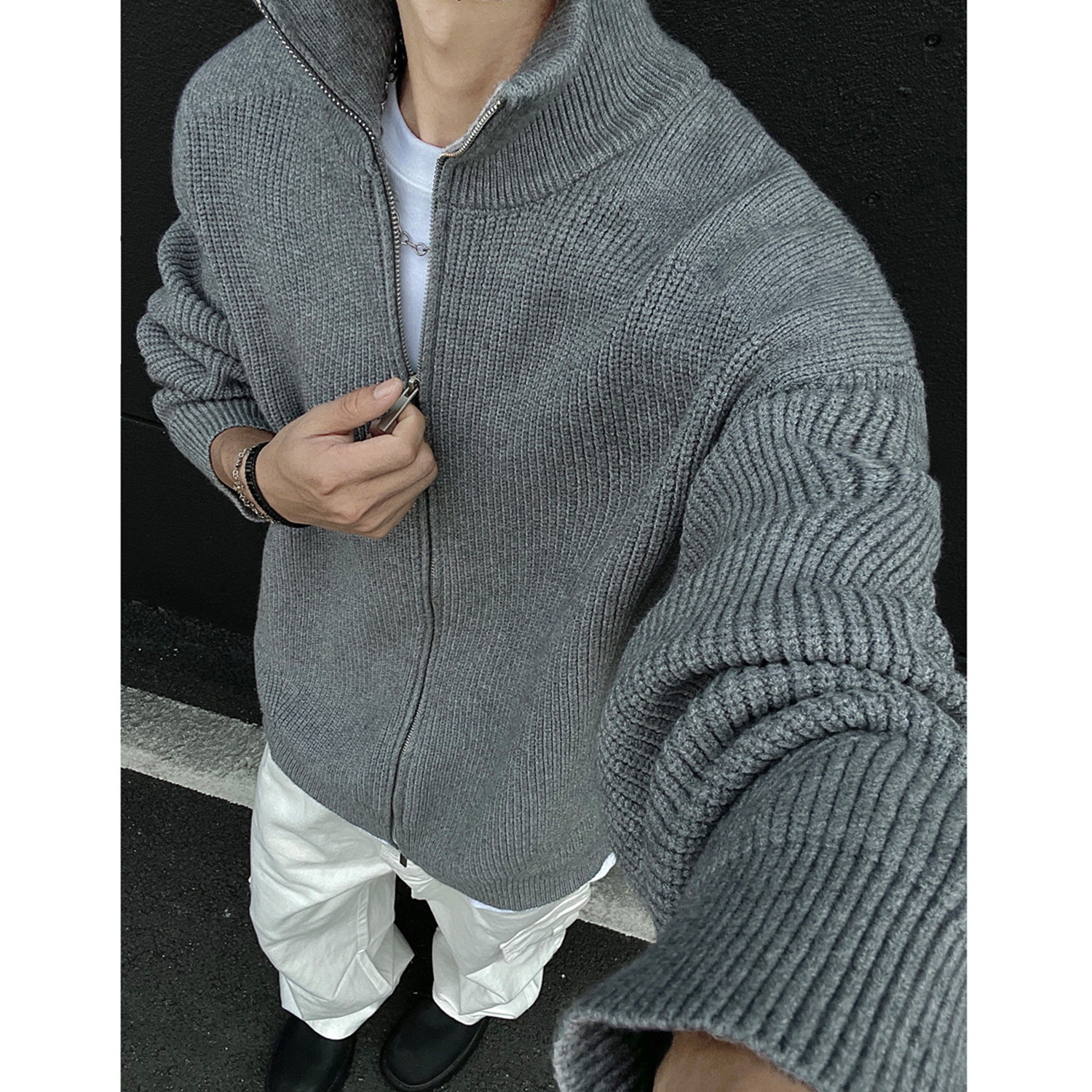 Cleanfit Double Zipper Cardigan Men's Autum American Stand-Up Collar Knitwear Design Lazy Style Knitwear Jacket