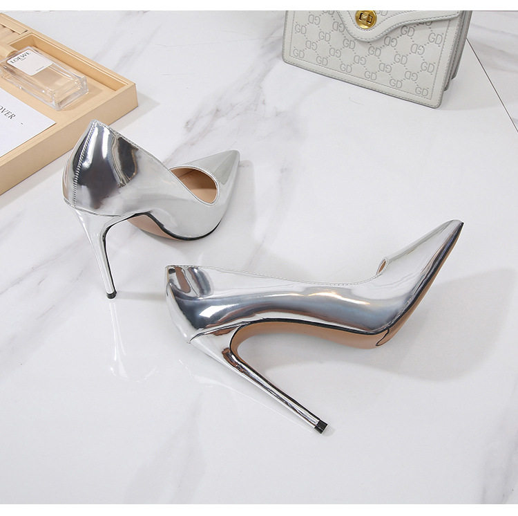 Giày cao gót mũi nhọn gót thanh mảnh 12 cm phong cách Pháp, cỡ lớn — Màu bạc, Màu vàng, Màu vàng sâm panh, Màu đậm chi tiết 29