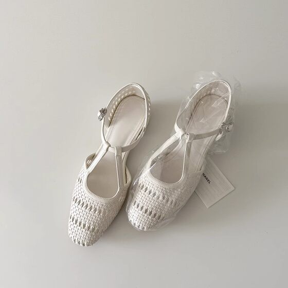 Sheepskin Version ~ French Knitted Hollow Buckle Belt Holiday Style Roman Sandals Women's Thick Heel Commuter Toe Sandals