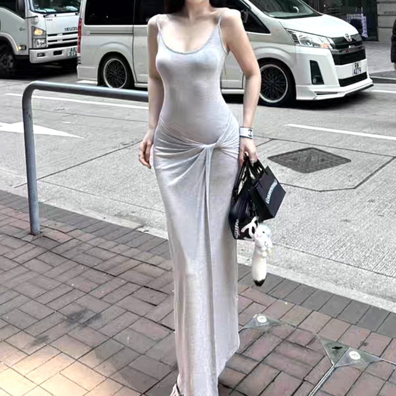 French Street Slim-fit Elegant Tight Waist Slimming Grey Sling dress Women's Summer Figure Long Dress New