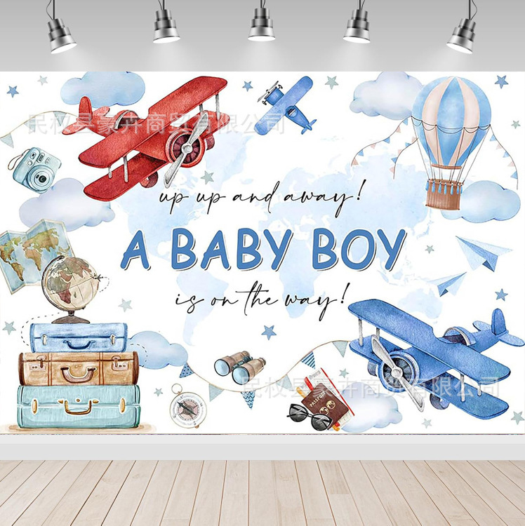 Amazon Hot Selling Adventure Theme Flying Plane Photography Background Cloth Newborn Shower Decoration Banner Props
