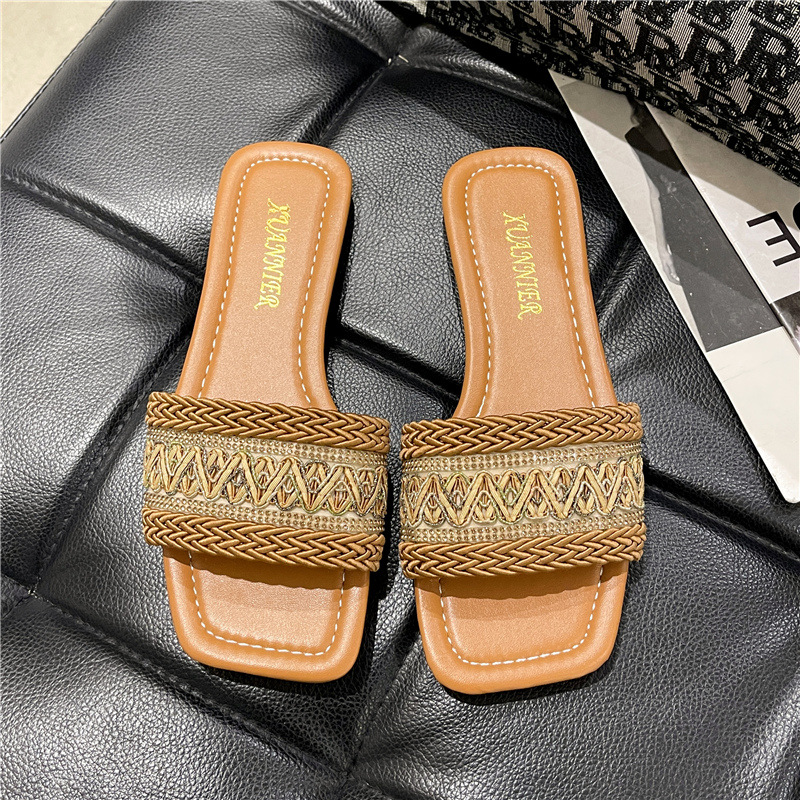 Strandslippers Dames S Buitenkleding Zomer Nieuw Buitenlandse Handel Grote Maat Net Rood Platte Bodem Borduurwerk Mode Zacht Woord Sandalen_voghion.com