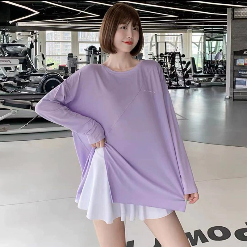 Одежда для фитнеса Для полных девочек больших размеров, спортивный топ с длинным рукавом и разрезом, женская Свободная блузка для бега, быстросохнущая футболка
