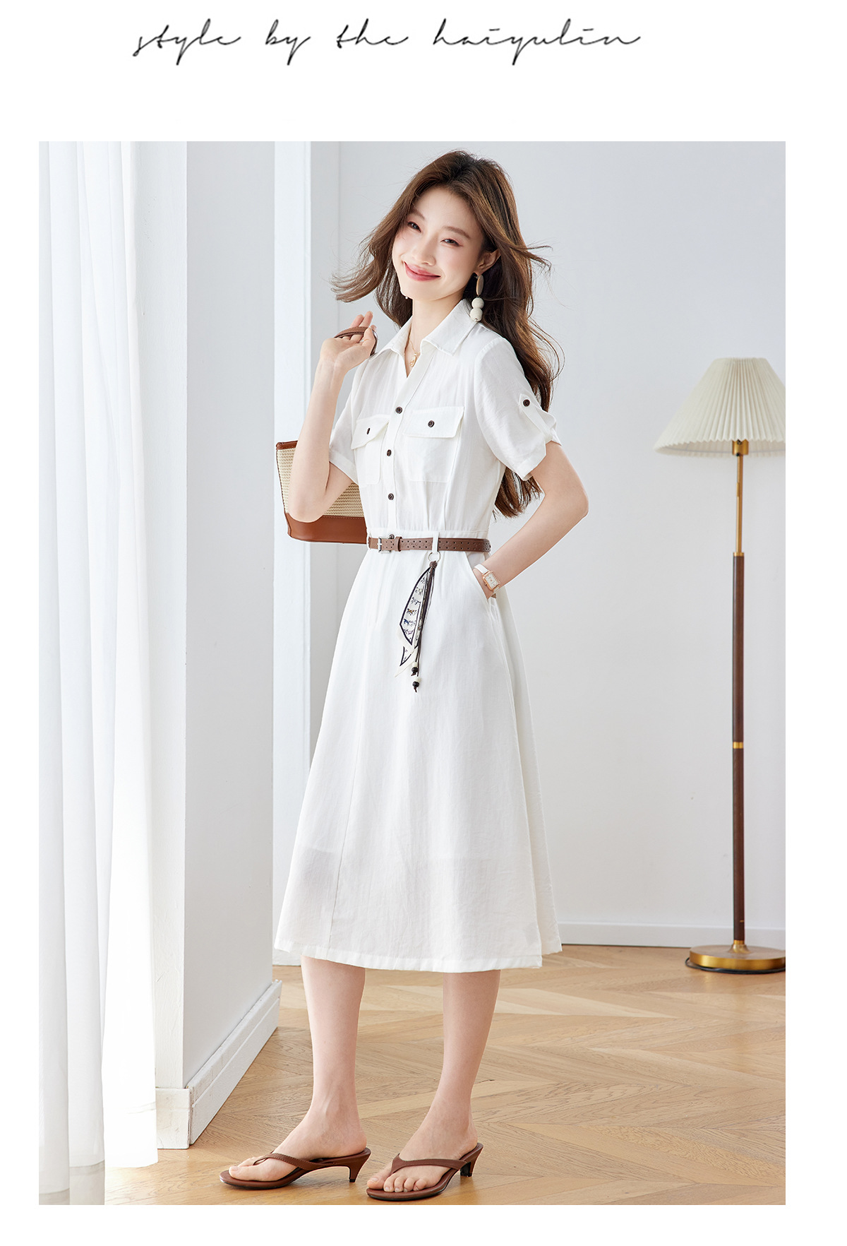 Đầm maxi nữ cổ bẻ thắt eo dáng suông kèm dây lưng — Xanh lông mòng đen, màu trắng chi tiết 24