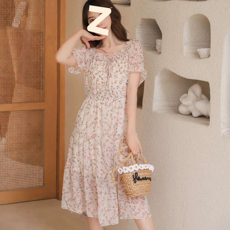 Лето 2025 новое корейское цветочное шифоновое платье женская талия тонкая средняя длинная юбка фея Super Xiansen