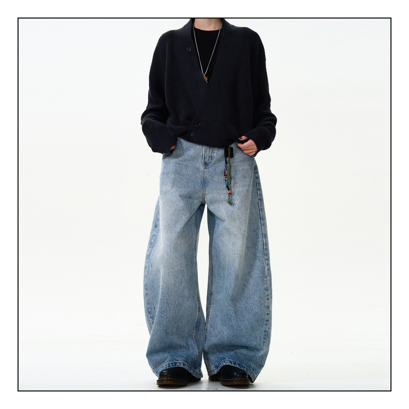 Washed Blue Men's American Retro Street Fashion Loose Versatile Casual Straight Wide-Leg Jeans