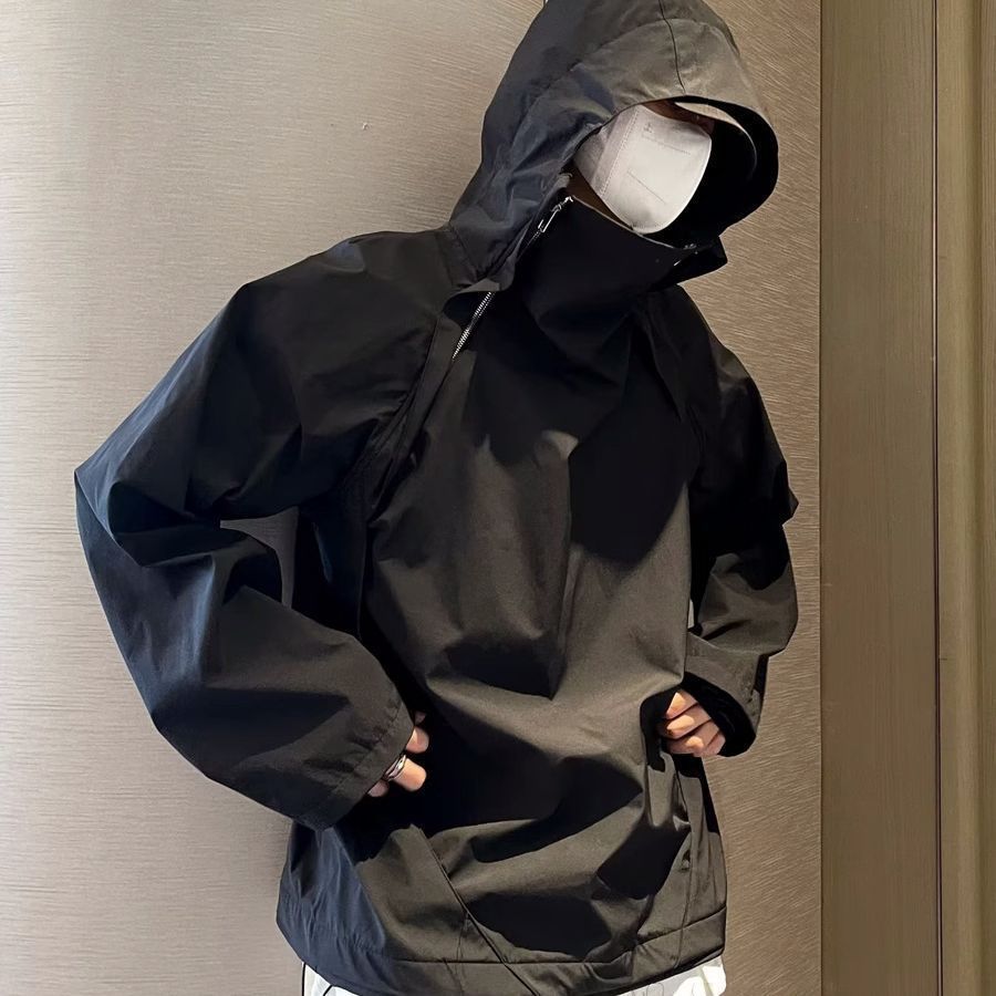 Men's half-zip windbreaker jacket, spring and autumn trendy cool pullover work jacket, skillful hooded loose top