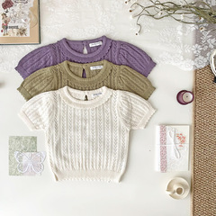Cutemily Spring and Summer Ins Girls' Baby Knit Top with Lace отверстия, Thin and Cute Wave Collar Knit Short Sleeve