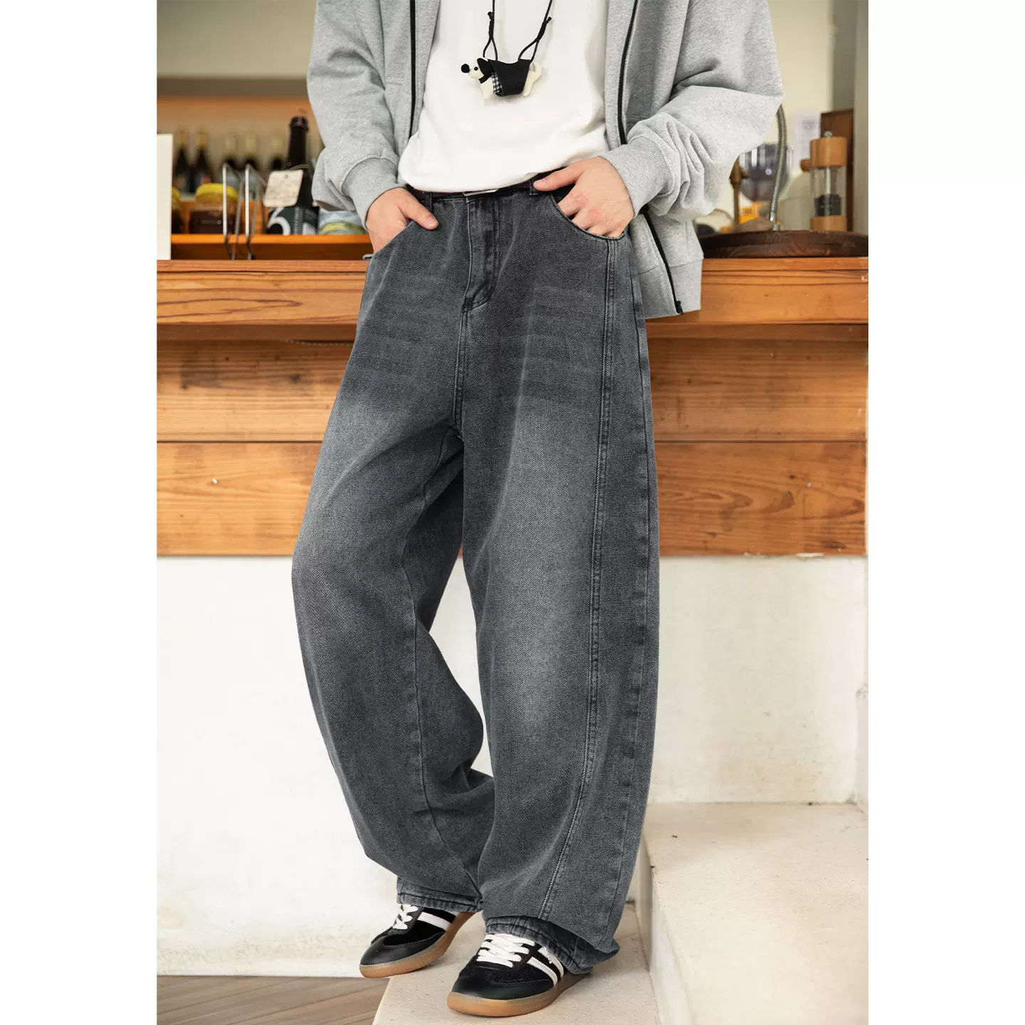 做旧水洗牛仔裤男春季新款分割拼接设计弯刀裤复古宽松廓形长裤子