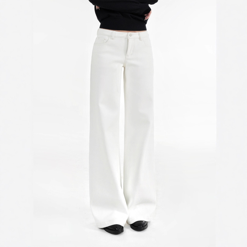 Jim Kennet Mid-Low Waist Straight Wide Leg Stretch White Jeans