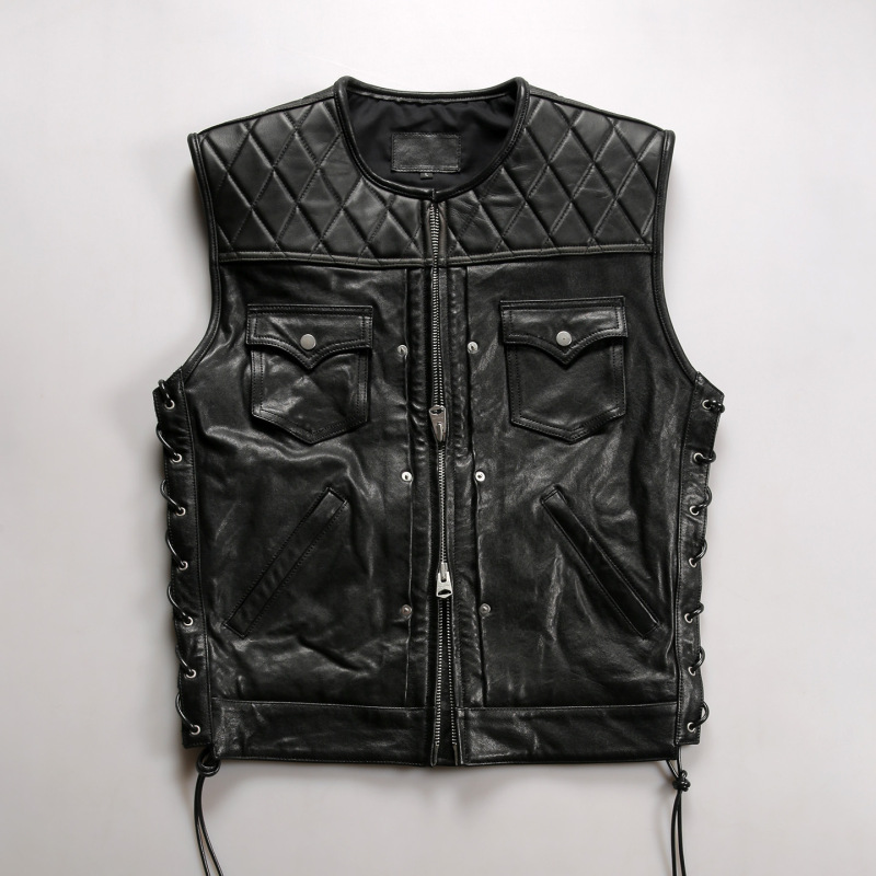 Men's Heavy Motorcycle Genuine Leather Sheepskin Vest, Men's Fashion Trendy New Diagonal Plaid Multi-Pocket Horsehide Vest