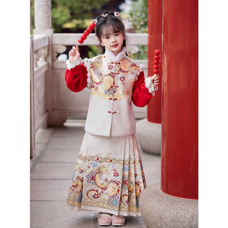 Национальный стиль девушки костюм Hanfu лошадь юбка Ming Tang одежда плюшевая и утолщая детская повседневная высококлассная новогодняя одежда