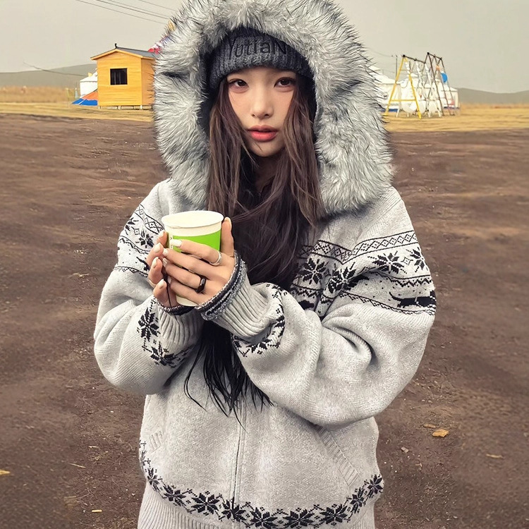 Fair Isle Sweater Jacket for Men and Women in Autumn and Winter Double Zipper Fur Collar Knitted Cardigan Lazy Style Loose American Top