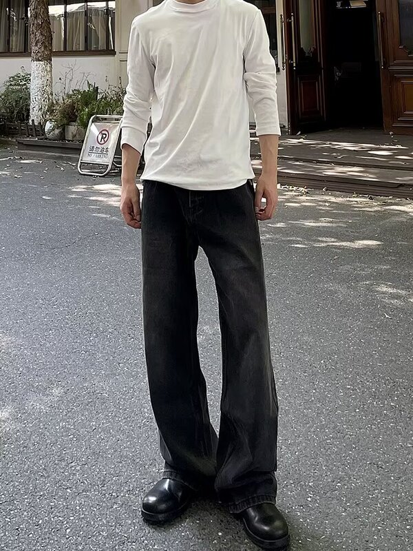 美式做旧复古牛仔裤男百搭宽松修身阔腿长裤微喇弯刀显瘦牛仔裤男|undefined