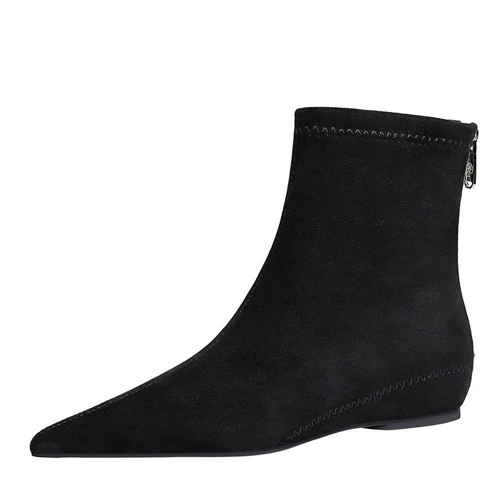 6383-2 Korean version fashionable and simple low heeled women's boots with low heel and sloping heel, increased height inside the heel, pointed toe trimming, slimming effect, suede short boots