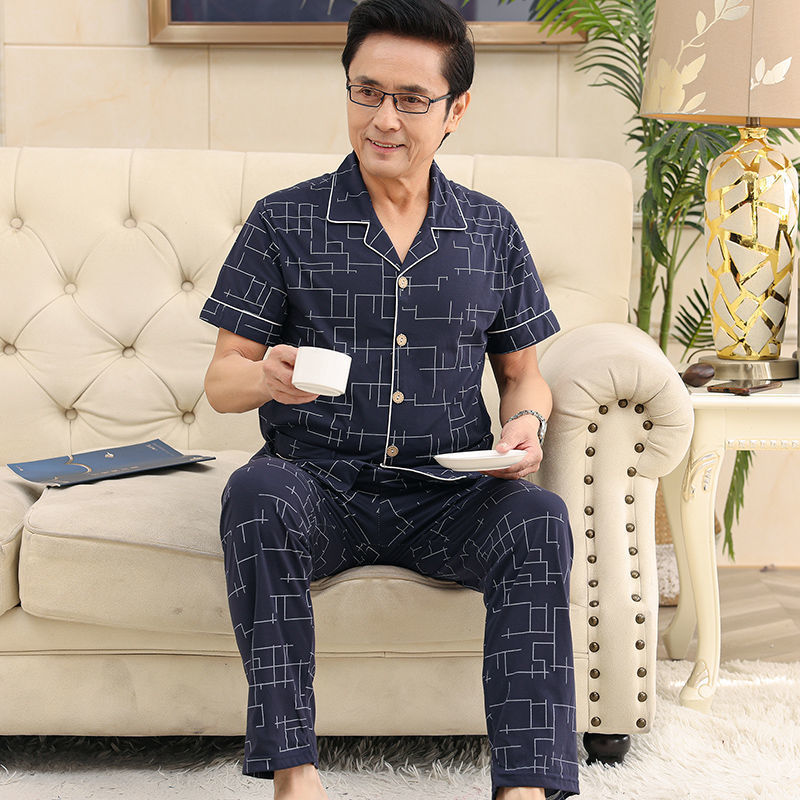 Verano de mediana edad y anciano papá 100% pijamas pantalones de algodón de manga corta de mediana edad cardigan traje