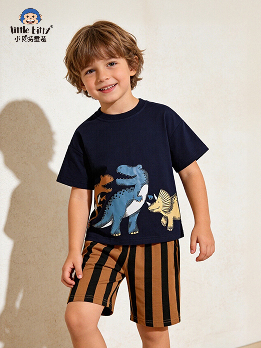 Cross-Border Children's Clothing 26 Years Spring/Summer New Children's Short-Sleeve Set with Cartoon Animal Print Round Neck Boys' Set in Stock