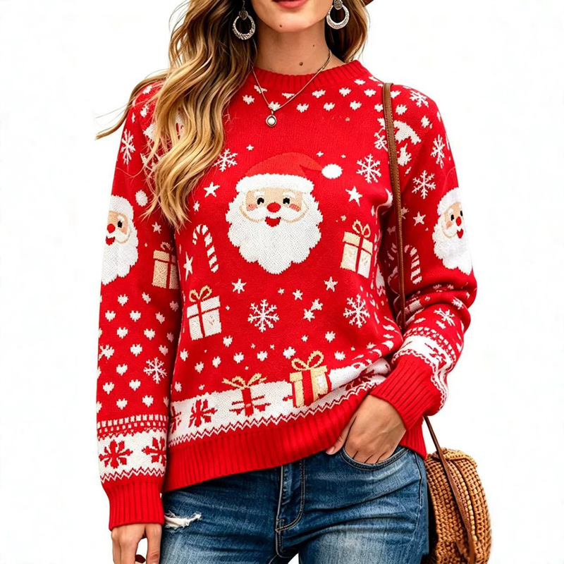 Autumn and Winter Aliexpress Amazon Sweater for Women, European and American Style, Christmas Red Round Neck Sweater with Reindeer and Snowflake Print, Pullover Knitwear Autumn and Winter Aliexpress Amazon Sweater for Women, European and American Style, Christmas Red Round Neck Sweater with Reindeer and Snowflake Print, Pullover Knitwear